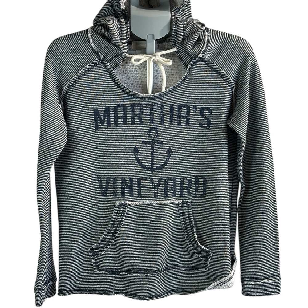 Ocean Drive Navy and White Striped Cowl Neck Long Sleeve W/Hoodie SzM